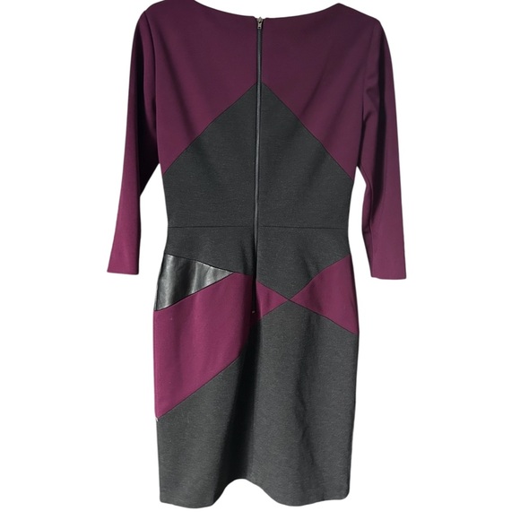 Tahari ASL Colorblock Bodycon Dress Sz 4 Burgundy Black Faux Leather Stretch Zip - Picture 6 of 9